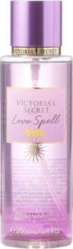 Mgiełka Victoria's Secret Love Spell Sol 250ml, butelka w odcieniach fioletu ze złotymi akcentami, przód.