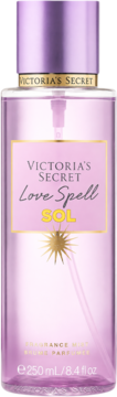 Mgiełka zapachowa Victoria's Secret Love Spell Sol, 250ml, butelka fioletowa z złotym logo i słońcem, widok z przodu.