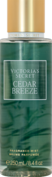 Victoria's Secret Cedar Breeze mgiełka do ciała 250ml, zielona butelka ze złotym korkiem, widok z przodu.