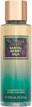 Victoria's Secret Santal Berry Silk mgiełka zapachowa, złoto-zielona butelka z miedzianą nakrętką, widok z przodu, 250ml.