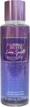 Victoria's Secret Love Spell Candied, fioletowa mgiełka z brokatem, 250ml, słodki zapach, widok z przodu.