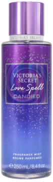 Fioletowo-niebieska mgiełka Victoria's Secret Love Spell Candied z brokatem, widok z przodu, pojemność 250 ml.
