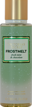 Victoria's Secret Frostmelt mgiełka do ciała. Zielona butelka z białymi drobinkami, złota nakrętka, aromat mięty i czekolady.