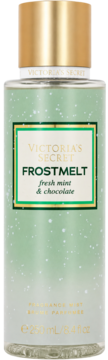 Victoria's Secret Frostmelt, świeża mięta i czekolada, zielona mgiełka z brokatem, widok z przodu butelki 250 ml.