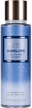 Victoria's Secret Sunslope mgiełka do ciała, 250ml, niebieska butelka z brokatem, zapach icy coconut & amber, widok z przodu.