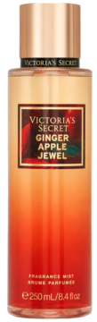 Victoria's Secret Ginger Apple Jewel fragrance mist, ombre bottle gold to red, metallic cap, frontal view.