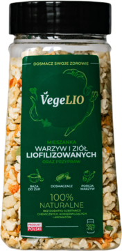 VegeLIO mieszanka liofilizowanych warzyw i ziół w przezroczystym słoiku z zieloną etykietą, widok z przodu.