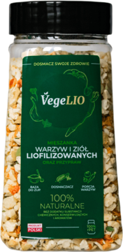 VegeLIO mieszanka liofilizowanych warzyw i ziół w przezroczystym słoiku z zieloną etykietą, widok z przodu.