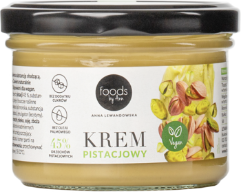 Krem pistacjowy Foods by Ann w szklanym słoiku, z czarną zakrętką, widok z przodu. Zawiera 45% pistacji, bez cukru.