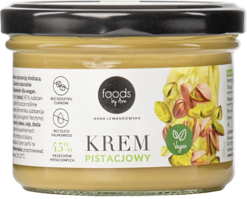 Krem pistacjowy Foods by Ann w szklanym słoiku, z czarną zakrętką, widok z przodu. Zawiera 45% pistacji, bez cukru.