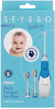 Seysso Baby Penguin Ice Blue, niebieska soniczna szczoteczka dla dzieci z końcówkami na opakowaniu.