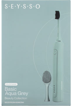 Pudełko szczoteczki sonicznej Seysso Basic Aqua Grey 2w1, z widoczną szczoteczką i końcówką do twarzy.
