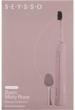 Różowe pudełko Seysso Basic Misty Rose. Szczoteczka soniczna 2w1 i akcesoria do pielęgnacji twarzy na opakowaniu.