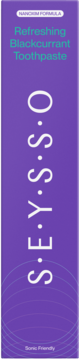 Fioletowa tuba pasty SEYSSO Refreshing Blackcurrant Toothpaste, widok z przodu, z napisem "Sonic Friendly".