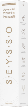Seysso Advanced Whitening Toothpaste w białym opakowaniu, widok z przodu i boku, z pionowym złotym napisem.