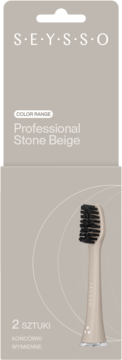Opakowanie 2 beżowych końcówek Seysso Professional Stone Beige do szczoteczek sonicznych, widok z przodu.