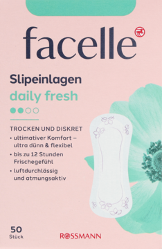 Facelle Daily Fresh wkładki higieniczne, biało-miętowe opakowanie, widok przodu z wkładką, ultra cienkie, 50 sztuk.