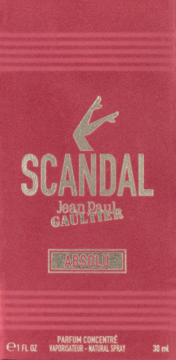 Front czerwonego, matowego pudełka perfum Jean Paul Gaultier Scandal Absolu, ze srebrnym logo nóg i napisami.