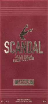 Czerwone pudełko perfum Scandal Jean Paul Gaultier Absolu, srebrne napisy i ikona nóg, widok z przodu.