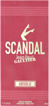 Czerwone pudełko perfum Jean Paul Gaultier Scandal Absolu, ze złotym logo nóg i napisem na froncie.
