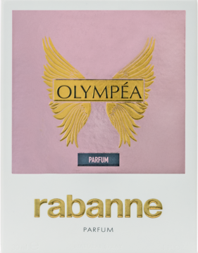 Różowe, metaliczne opakowanie perfum Olympéa Rabanne ze złotymi, wytłaczanymi skrzydłami, w białej ramce.