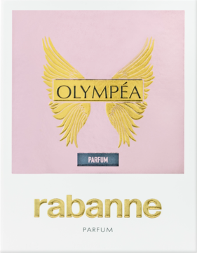 Pudełko perfum Olympéa Rabanne, różowo-białe, ze złotymi skrzydłami i napisem Parfum na froncie.