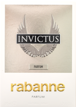 Białe pudełko Invictus Rabanne Parfum z metalicznym logo skrzydeł i złotym napisem Rabanne, widok z przodu.