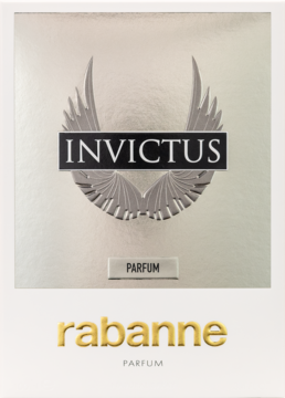 Rabanne Invictus Parfum, srebrne pudełko z wytłoczonym logo skrzydeł i złotym napisem Rabanne, widok z przodu.