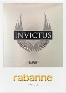 Pudełko perfum Invictus Parfum Rabanne, srebrno-białe z wytłoczonym logo skrzydła i złotymi napisami, widok z przodu.
