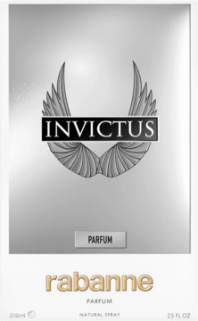 Metaliczne, srebrne opakowanie perfum Invictus Rabanne Parfum z logo ze skrzydłami i złotym napisem, widok z przodu.