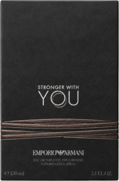 Czarny kartonik wody toaletowej Emporio Armani Stronger With You dla mężczyzn. Białe napisy i srebrne linie. Widok z przodu.