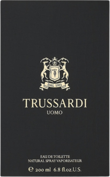 Czarne pudełko perfum Trussardi Uomo Eau de Toilette, ze złotym logo i napisem, 200 ml.
