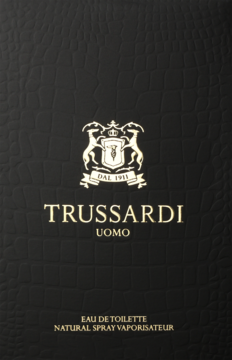 Trussardi Uomo męska woda toaletowa. Czarne opakowanie z fakturą krokodyla, złote logo i napisy.