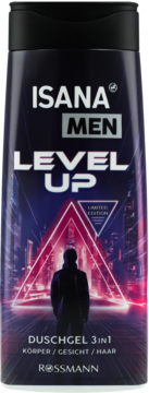 Isana Men Level Up żel 3w1, czarna butelka z grafiką neonowego miasta i sylwetką gracza, widok z przodu.