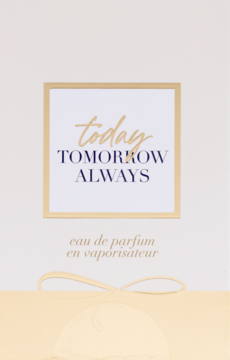 Biało-złote pudełko wody perfumowanej Avon Today TTA. Złoty napis 'today' i granatowe 'TOMORROW ALWAYS' w ramce.