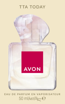 Avon TTA Today Eau de Parfum: przezroczysta butelka z kryształową nakrętką, różowa etykieta. Romantyczny zapach, widok z przodu.