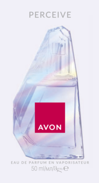 Avon Perceive woda perfumowana dla Niej w fasetowanej butelce z czerwoną etykietą AVON, widok z przodu.
