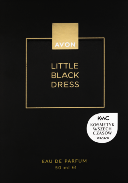 Avon Little Black Dress, woda perfumowana 50ml w czarnym pudełku ze złotym obramowaniem i napisami.