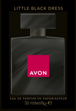 Avon Little Black Dress, woda perfumowana 50 ml w czarnym, prostokątnym flakonie z różowym logo, widok z przodu.