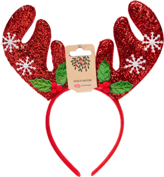 Czerwona brokatowa opaska do włosów z porożem renifera, białymi śnieżynkami i gałązkami ostrokrzewu.