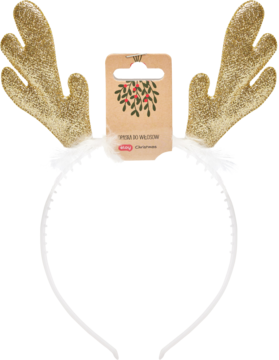 Biała opaska do włosów z brokatowymi złotymi rogami renifera i białymi piórkami, widok z przodu, z zawieszką Mistletoe.