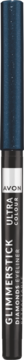 Ciemnoniebieska kredka do oczu Avon Glimmerstick, z brokatową nakrętką, pionowo, na rozmytym tle.