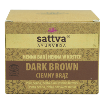 Sattva Henna Bar Dark Brown w brązowym pudełku z jasnymi wzorami i napisem Dark Brown, widok z przodu.