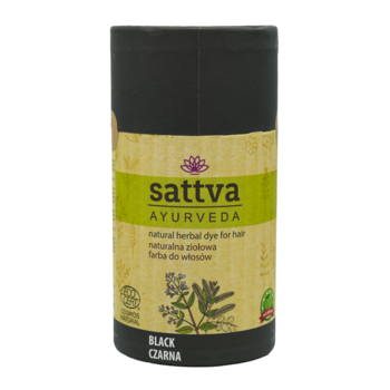 Sattva Ayurveda naturalna czarna farba do włosów z henną w czarnym cylindrycznym pojemniku, widok z przodu.
