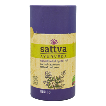 Sattva Ayurveda Indigo, ziołowa farba do włosów, fioletowo-żółte cylindryczne opakowanie na białym tle.