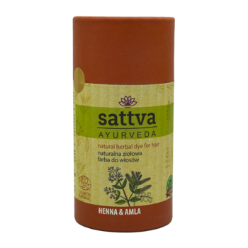 Ziołowa farba Sattva Ayurveda Henna & Amla w brązowo-zielonym cylindrycznym opakowaniu, widok z przodu.
