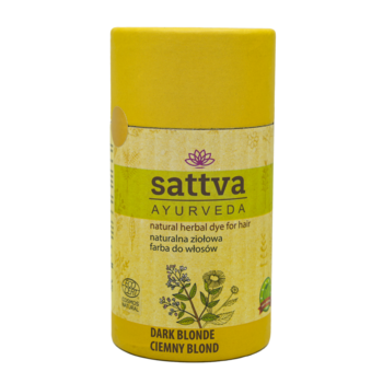 Opakowanie farby Sattva Ayurveda, ciemny blond, żółto-kremowe, cylindryczne, z fioletowym logo, widok z przodu.