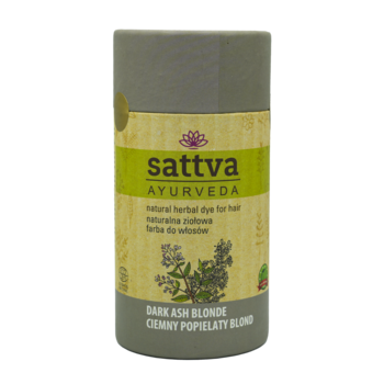 Sattva Ayurveda ziołowa farba do włosów ciemny popielaty blond, cylindryczne opakowanie z beżową etykietą, widok z przodu.