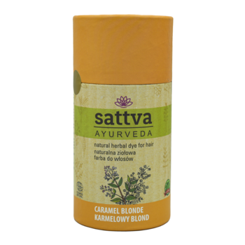 Sattva Ayurveda Karmelowy Blond ziołowa farba do włosów w karmelowo-brązowej tubie, zielona etykieta, widok z przodu.