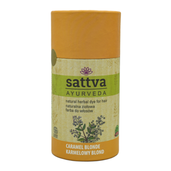 Sattva Ayurveda Karmelowy Blond ziołowa farba do włosów w karmelowo-brązowej tubie, zielona etykieta, widok z przodu.